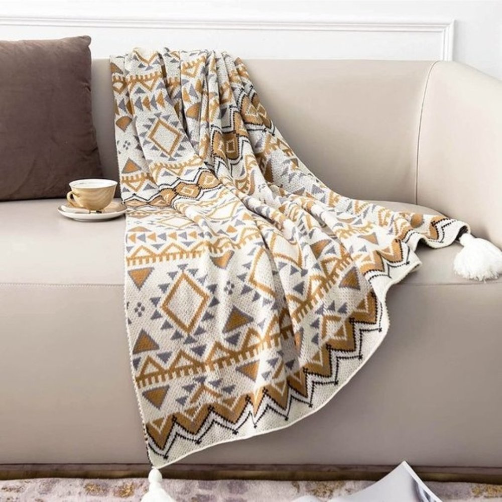 Boho Aztec Geometric Farmhouse Knitted Tassel Brown Soft Vintage Throw Blanket - Picture 4 of 7
